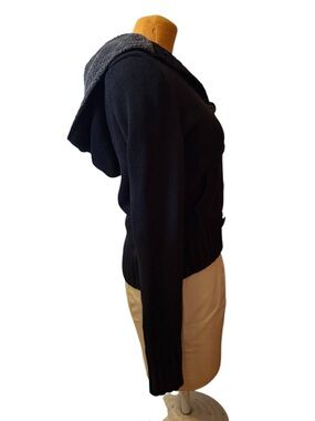 Kirra Black Zip-Up Hooded Knit Sweater Jacket w Gray Sherpa Trim L large comfy